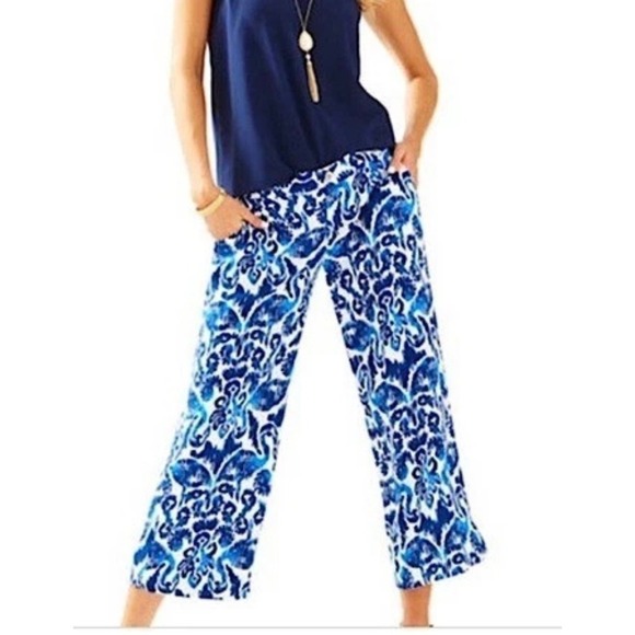 Lilly Pulitzer Lela Flamingo Cropped Resort Pants Blue Size 12 - Picture 1 of 9